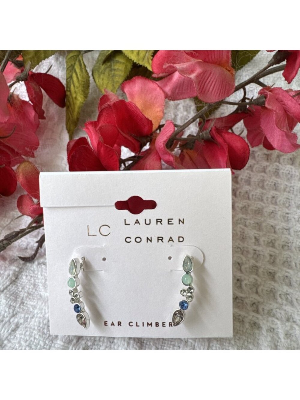 LC Lauren Conrad Blue Green Silver Tone Dangle Drop CZ Earrings NEW